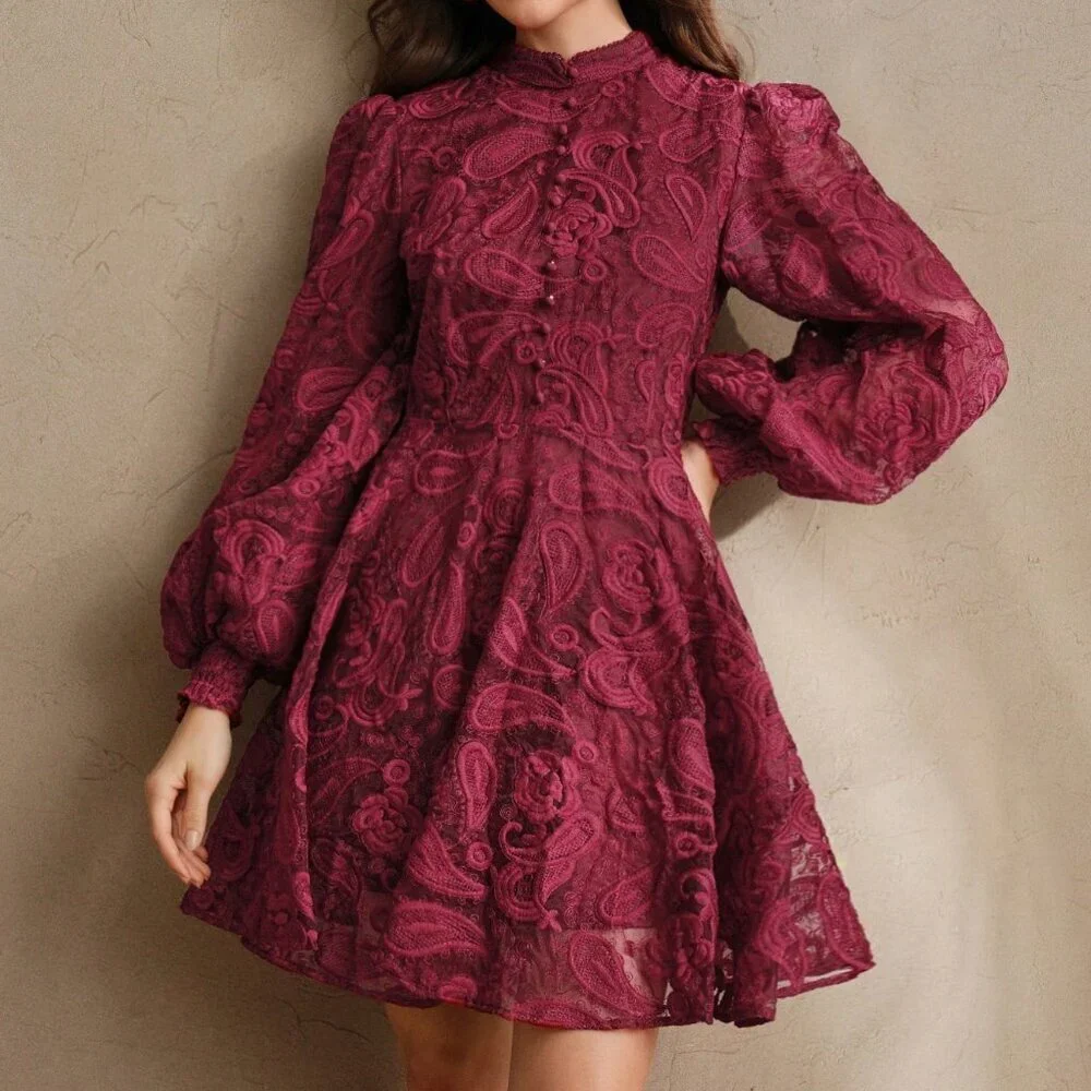 Burgundy Elegant Women's Floral Mesh Lantern Sleeve Dress - Picture 3 of 6
